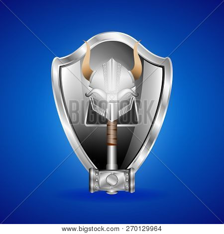 Ralistic Silver Helmet, Shield And Hammer Isolated On Blue Background