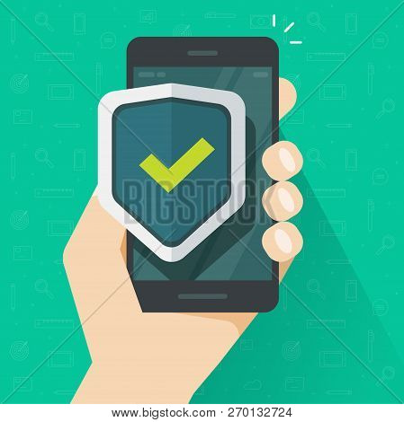 Mobile Phone Security Protection Vector Illustration, Flat Cartoon Smartphone Protected With Shield 