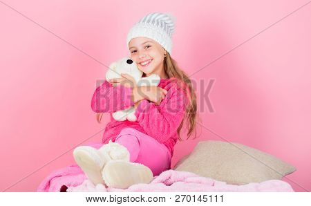 Teddy Bears Improve Psychological Wellbeing. Kid Cute Girl Play With Soft Toy Teddy Bear Pink Backgr