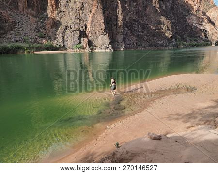 Grand Canyon National Park, Arizona 05-20-2018 Young Woman Wades In The Colorado River Guring A Back
