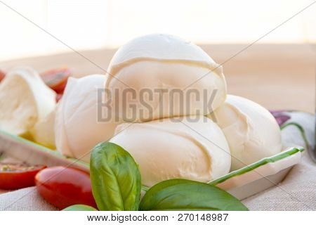 Fresh Soft Italian White Cheese Mozzarella Buffalo, Original From Campania, Paestrum And Foggia Regi