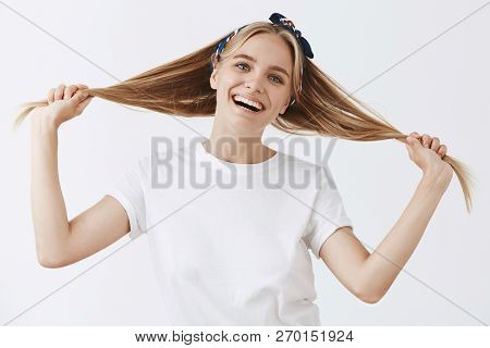 Forgetting That I Am Adult. Playful Happy And Childish Attractive Fair-hair Female In Headband, Smil