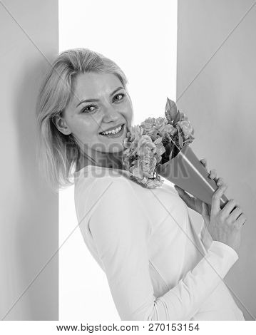 Who Is Her Secret Admirer Lady Happy Received Flowers From Secret Admirer. Woman Smiling Dreamy Try 