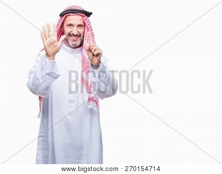 Senior arab man wearing keffiyeh over isolated background showing and pointing up with fingers number six while smiling confident and happy.