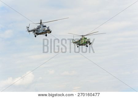 Tyumen, Russia - June 21, 2017: Army Games. Safe Route Contest. Pair Of Military Helicopter Mi-8 In 