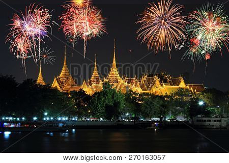 Big Fireworks On The Sky At  Wat Phra Keaw Public Landmark Of Thailand