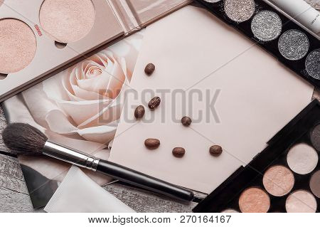 Cosmetic Make Up Flat Lay Pink Background Copy Space Text Beauty Graphic Content