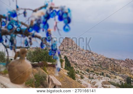 A Vintage Tree Decorated With Non-commercial Evil Eyes Pots Cappadocia. Uchisar. Evil Eye Is A Turki