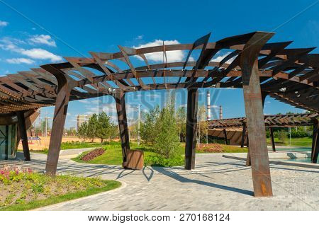 Moscow, Russia - July 06, 2018: Tufeleva roscha architecture park in Moscow. Summer day at landscape park walk.