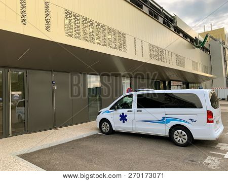 Strasbourg, France - Oct 2, 2018: White Ambulance Van Parked In Front Of Hospital Rhena - The New Ho