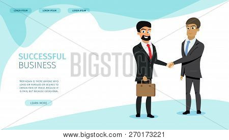 Successful Business Flat Vector Web Banner, Site Template With Two Smiling Businessman Shaking Hands