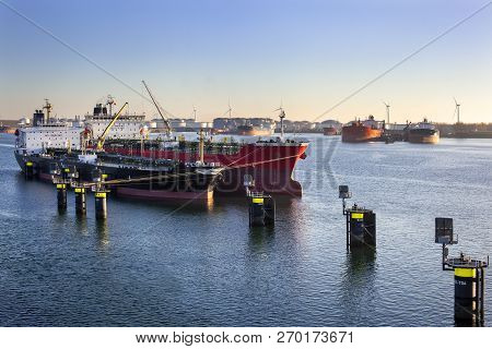 Ships Moored In The Canal Caland In The Port Of Rotterdam