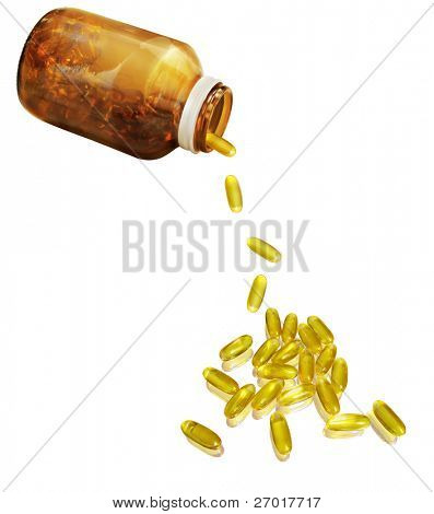 Beyaz zemin üzerine sarı hap vitamin şişe