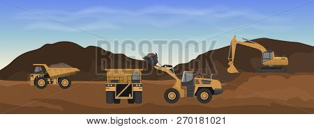 Career Machinery. Wheel Loader, Excavator And Dumper In Mine. Industrial Landscape. Earth Work Panor
