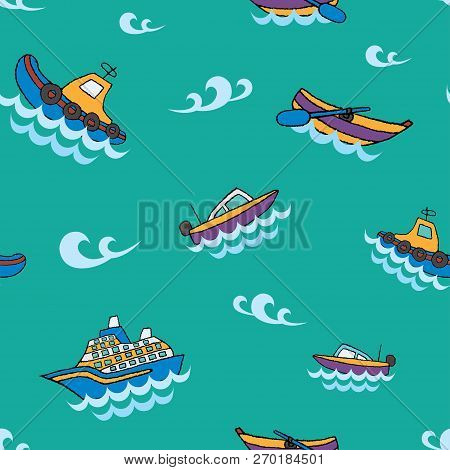 Seamless Pattern Of Water Transport On A Seafoam Color Background With Blue Waves. Illustration For 