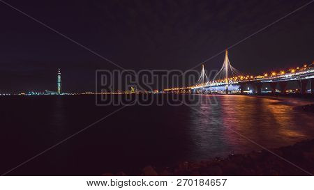 Saint-petersburg, Russia - November 21, 2018: Time Lapse Evening Highway, Western High-speed Diamete