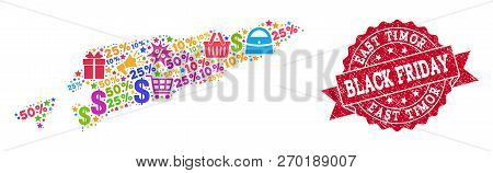 Black Friday Composition Of Mosaic Map Of East Timor And Grunge Stamp Seal. Vector Red Seal With Gru
