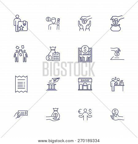 Bank Operations Icons. Set Of Line Icons. Money Exchange, Savings, Investment. Accounting Concept. V