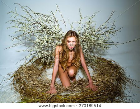 Spring Woman With Flower Wings. Beautiful Woman Posing With Angel Wings. Inspiration Of Spring And S