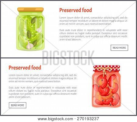 Preserved Food Banners, Vegetable In Brine. Cucumbers With Garlic And Spicy Chili Pepper Inside Jars