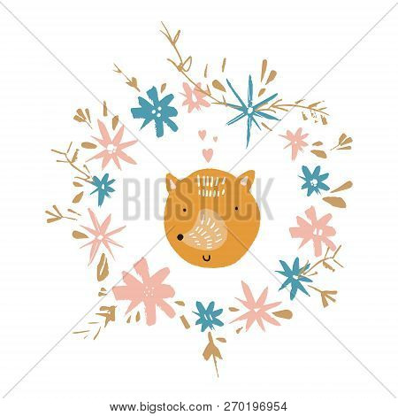 Cute Baby Fox Art, Floral Frame Template