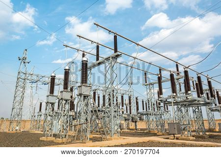 High Voltage Transformer Modern Substation Electrical Switchyard.