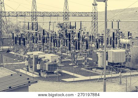 High Voltage Transformer Modern Substation Electrical Switchyard.