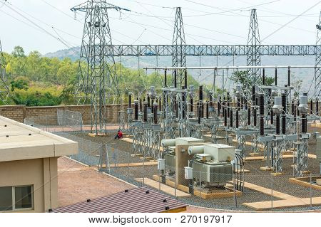 High Voltage Transformer Modern Substation Electrical Switchyard.