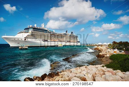 Willemstad, Curacao - April 10, 2018:  Cruise Ship Celebrity Eclipse Docked At Port Willemstad. The 
