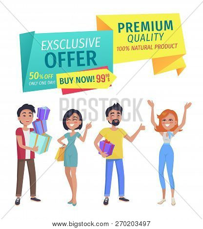 Exclusive Offer And Premium Quality Natural Product Ribbons And People Happy Of Shopping. Man With P