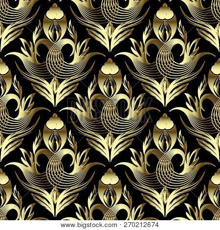 Floral Vintage Gold 3d Damask Vector Seamless Pattern. Ornamenta