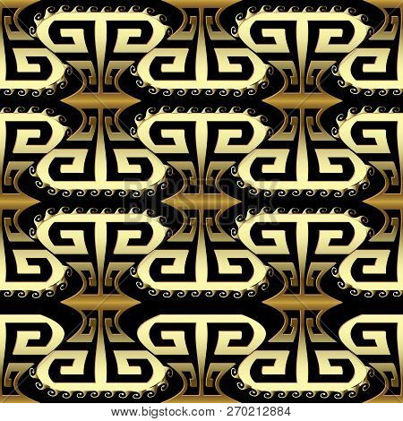 Gold 3d Ornamental Greek Seamless Pattern. Vector Abstract Geome