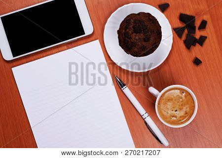 White Porcelain Cup Of Coffee, Tasty Chololate Muffin, Pieces Of Black Chocolate, Notebook, Classic 