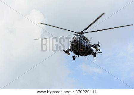 Tyumen, Russia - June 21, 2017: Army Games. Safe Route Contest. Military Helicopter Mi-8 In The Clou
