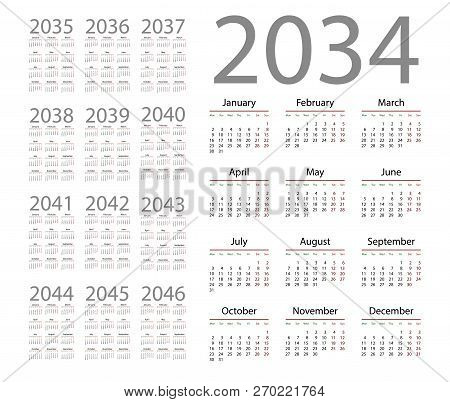 Simple Calendar 2034 On White Background. Vector Illustration