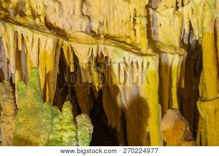 Impressive Formations Of The Stalactites And Stalagmites In Dirou Cave. Greek Destination .natural B