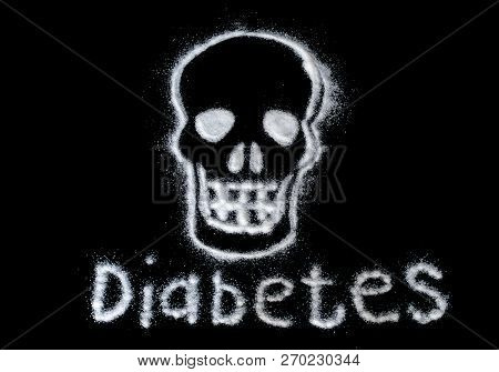 The Sweet Danger Of Sugar. Harm White Sugar Concept Forming A Skull. With Text Stop Isolated On A Bl