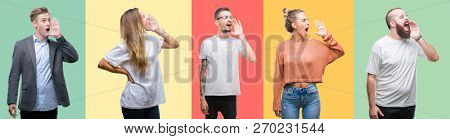 Collage of group people, women and men over colorful isolated background shouting and screaming loud to side with hand on mouth. Communication concept.