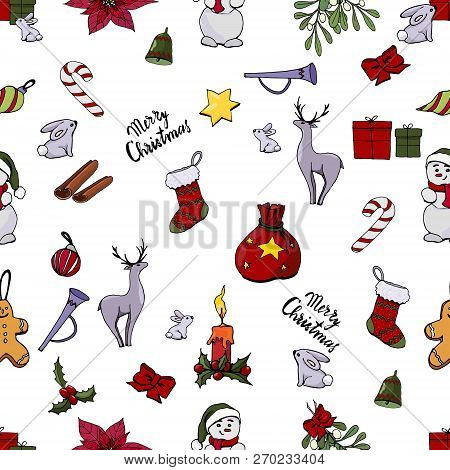 Christmas Pattern With Different Objects And Christmas Toys