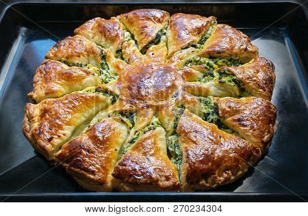 Homemade Cheese Pie With Greenery. Top View Closeup. On A Black Background. Stock Image.