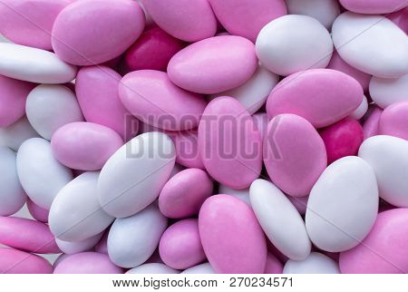 Background Of Pink And White Candy. Sweets Closeup. Top View. Stock Image.