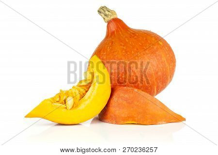 Group Of One Whole Two Slices Of Bright Fresh Red Kuri Pumpkin Hokkaido Variety Isolated On White Ba