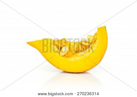One Slice Of Fresh Red Kuri Pumpkin Hokkaido Variety Isolated On White Background
