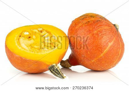 Group Of One Whole One Half Of Fresh Red Kuri Pumpkin Hokkaido Variety Isolated On White Background