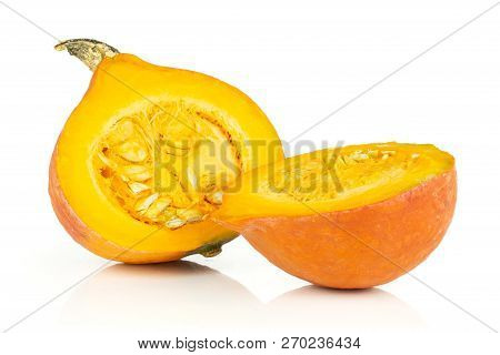 Group Of Two Halves Of Fresh Red Kuri Pumpkin Hokkaido Variety One Cut In Two Halves Isolated On Whi