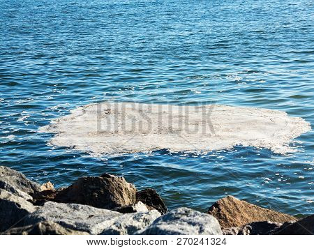 Full Frame Take Of Some Extremely Polluted Waters. Dirty Sea Water. Dirt On Water. Dirty Oil Spots O