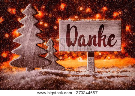 Sign, Tree, Snow, Calligraphy Danke Mean Means Thank You, Red Sportlight