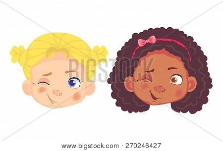 Girls Character Set. Head Icon. Face  Illustration