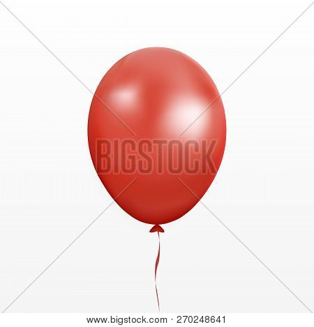 Red Balloon Vector. Party Baloon With Ribbon And Shadov Isolated On White Background. Flying 3d Ball