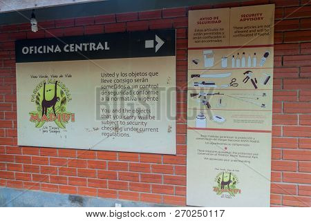 Madidi, Bolivia - May 7, 2105: Entrance Information To Madidi National Park Bolivia